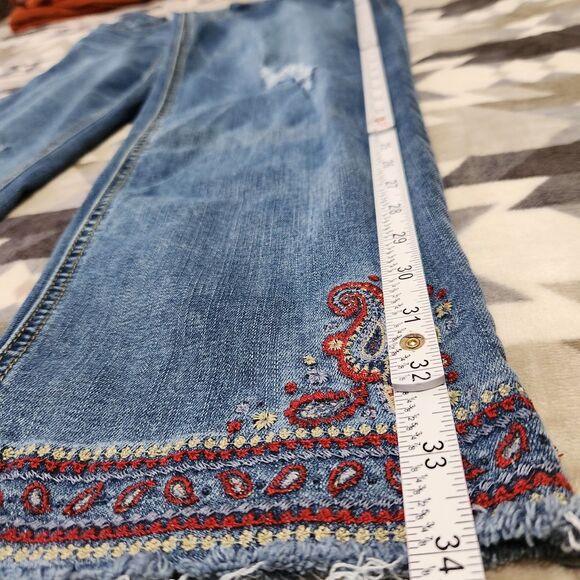 Democracy Crop Pants Size 10 Blue Embroidered Raw Hem - Picture 6 of 15